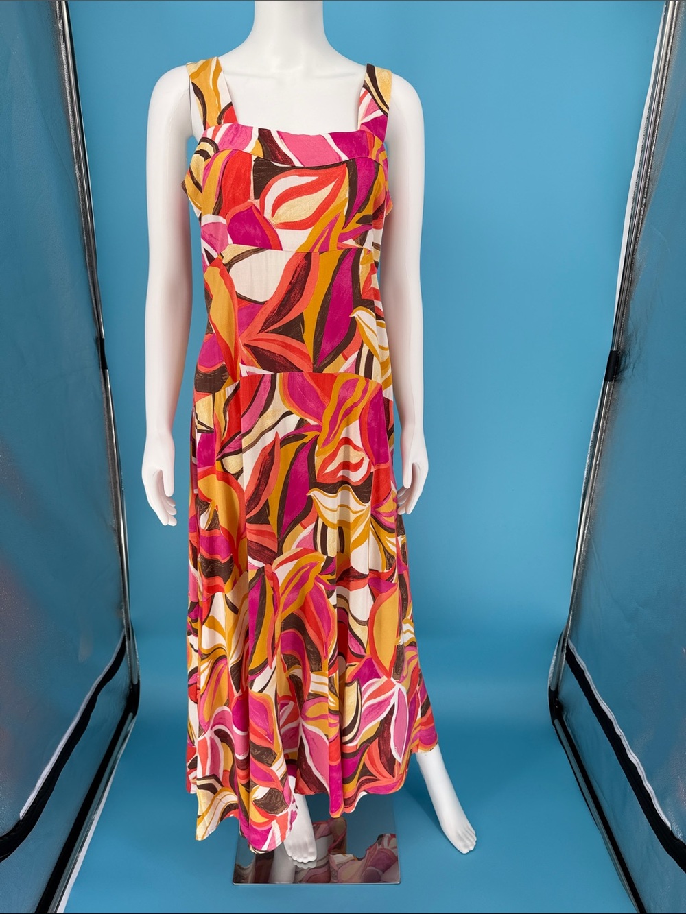 NWT MSK Pink Multi Abstract Print Tiered Maxi Dress M